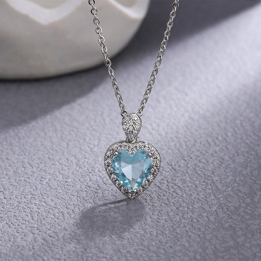 Heart Aquamarine Zirconia Silver Necklace