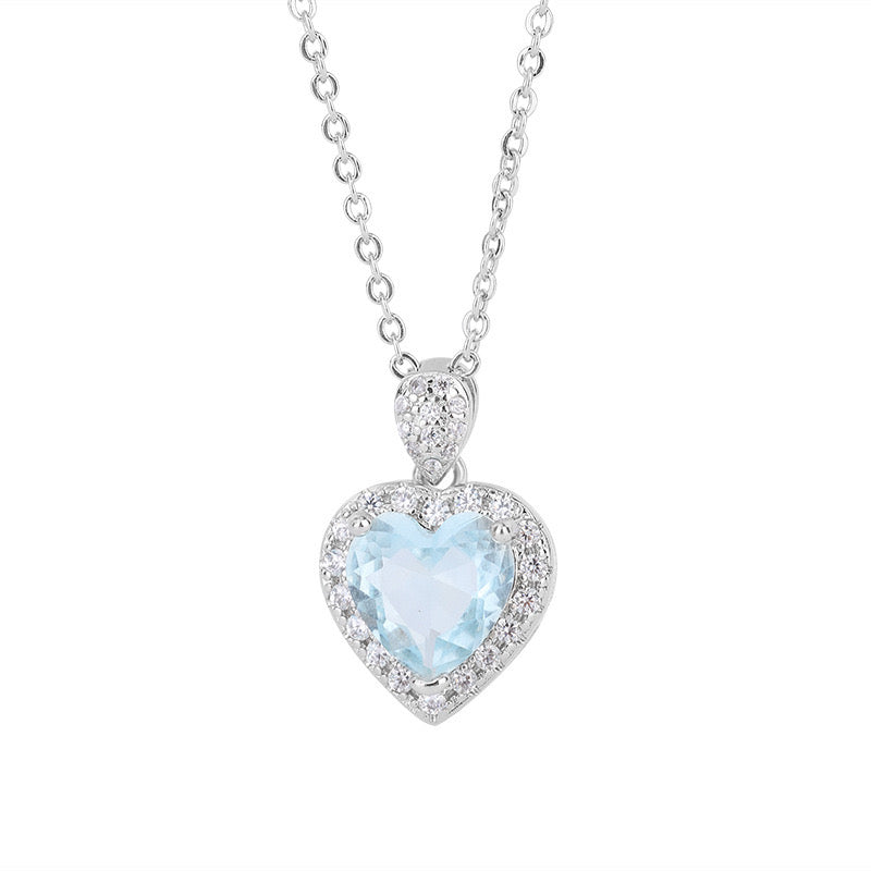 Heart Aquamarine Zirconia Silver Necklace