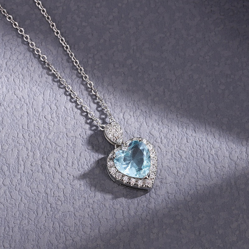 Heart Aquamarine Zirconia Silver Necklace