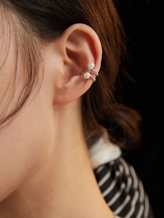 Double Pearl Silver Ear Cuff