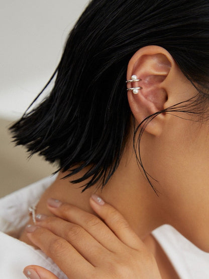 Double Pearl Silver Ear Cuff